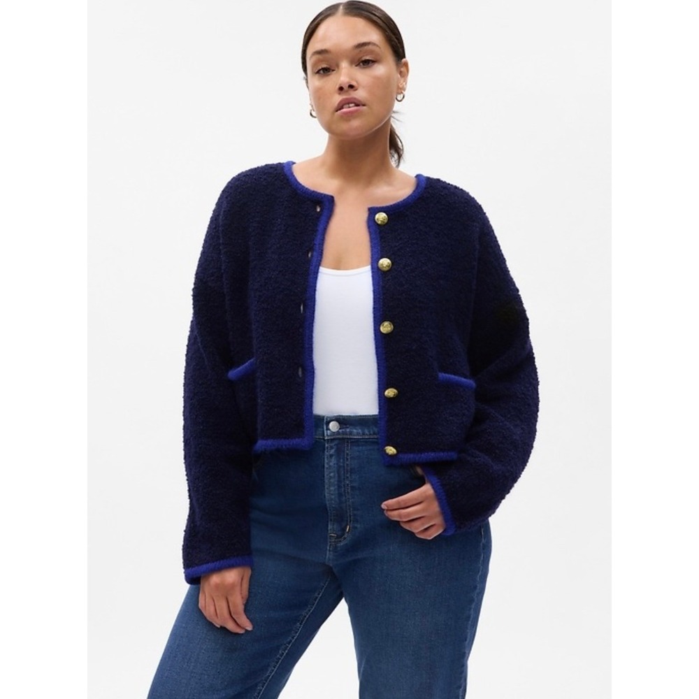GAP Boucle Cropped Sweater Jacket Navy Blue Combo Gold Buttons XXL NWT